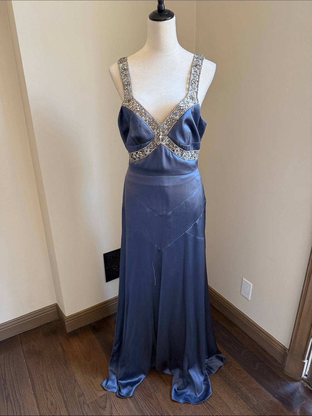 MONIQUE LHUILLIER Navy Blue (Purple) Silk Maxi Gown Dress Crystal Trim Size 10